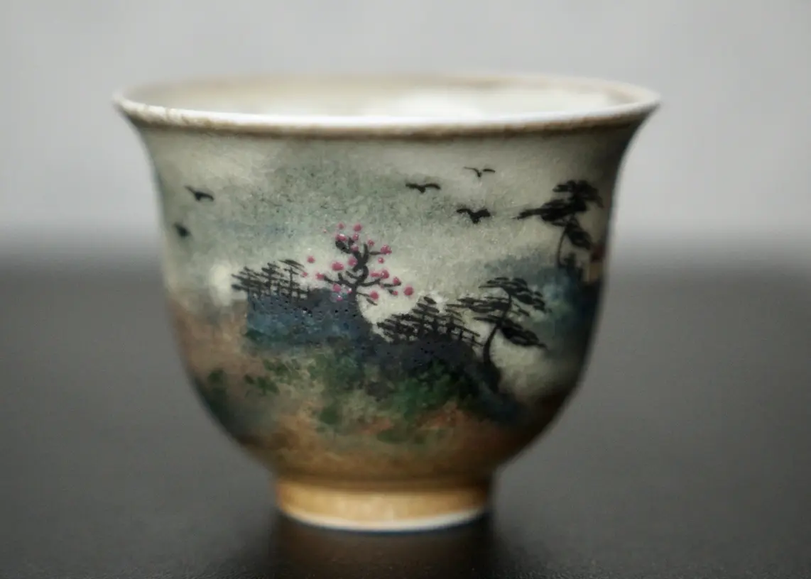 Пиала «Домик у водопада» № 96, керамика Цзиндэчжэнь, 80 мл