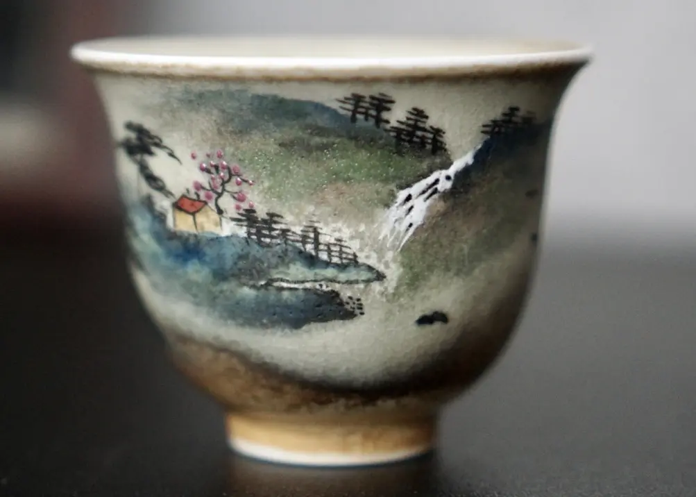 Пиала «Домик у водопада» № 96, керамика Цзиндэчжэнь, 80 мл