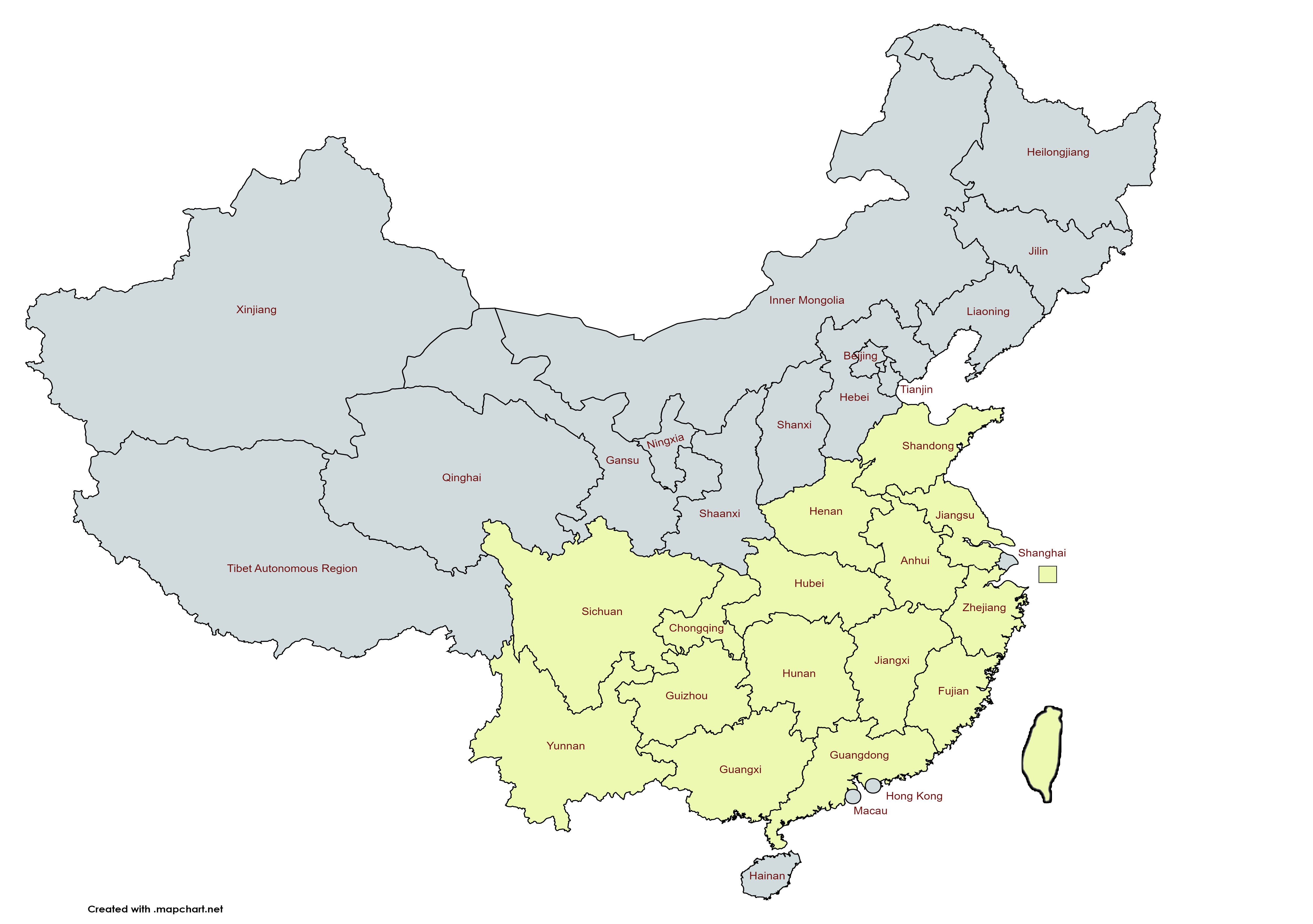 Карта Китая. Желтым отмечены чаепроизводящие регионы Китая и о.Тайвань